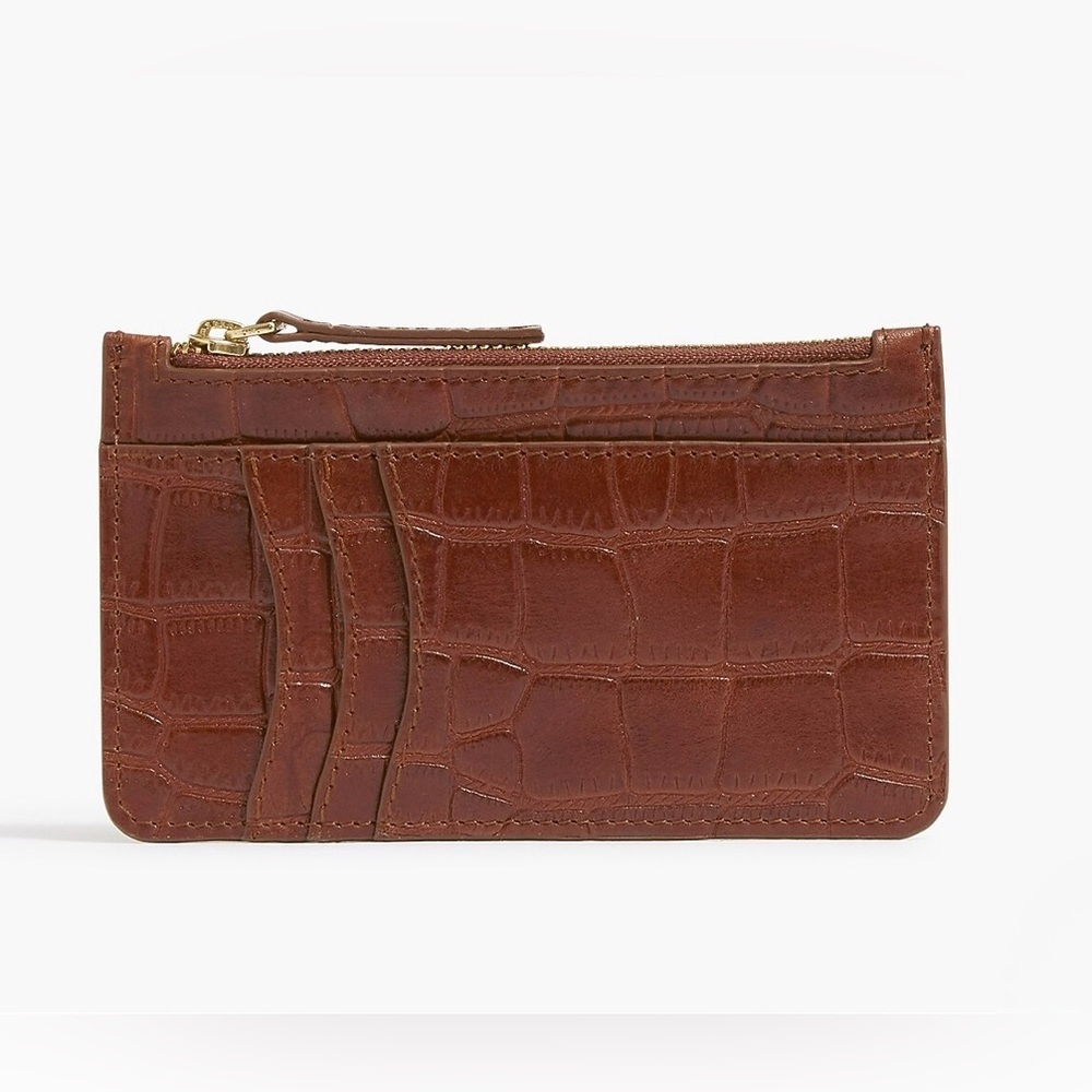 J. Crew Croc Embossed 100% Leather Card Wallet in Warm Brown
